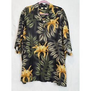 Tommy Bahama 100% Silk Camp Shirt XXL Vintage Black Gold Floral Tropical
